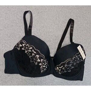 NWT! Emily Johnson Padded Underwire Floral Lace Bra 44DD Black Silver Contour